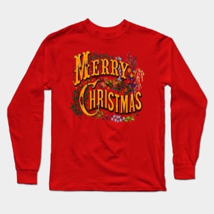 Vintage Style Merry Christmas Holiday Greeting Vector Art Long Sleeve T-Shirt